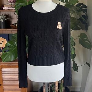 Orange Kiss Essentials Black Cable Knit Sweater w/ Embroidered Teddy Bear M